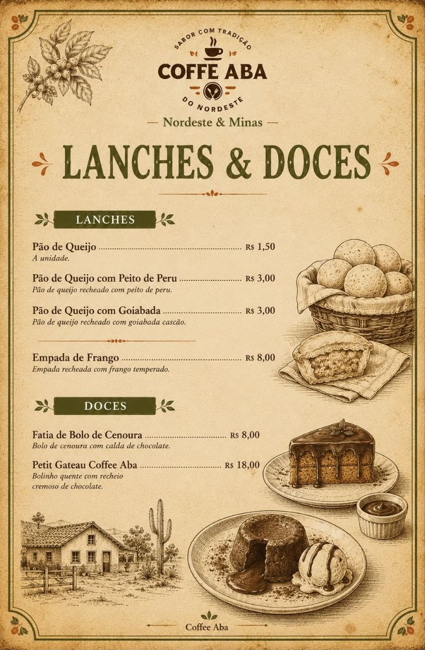 Cardápio impresso de lanches e doces; itens e preços também disponíveis em texto nesta seção